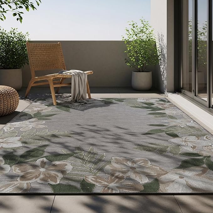 Outdoor Rug 6x9 Washable Area Rugs Indoor Outdoor Carpets Green Border Floral Non Shedding Waterproof Easy Clean Patio Deck Porch Living Room Bedroom Garden RV (6 X 9 Green)
