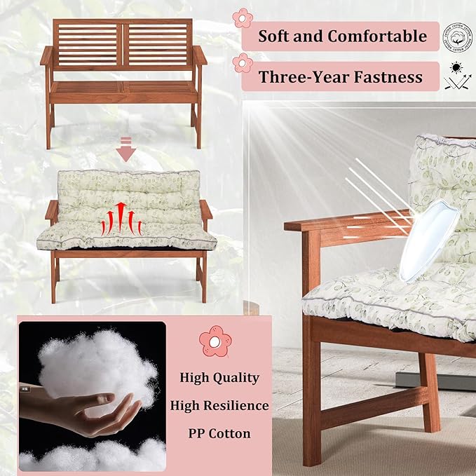 2-3 Seat Swing Replacement Cushion, Outdoor Bench Cushions with Backrest Thicken 4", Patio Furniture Garden Porch Loveseat Glider Pad Anti-Fading Waterproof (White Leaf, 40x63in-thicken)