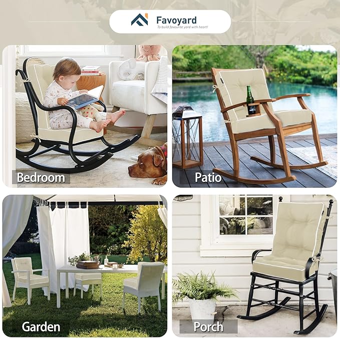Favoyard Rocking Chair Cushion Set, Indoor & Outdoor Rocker Cushions, Water Resistant Seat Cushion Set for Patio Furniture 3-Year Color Fastness Chair Pads with Ties, Beige
