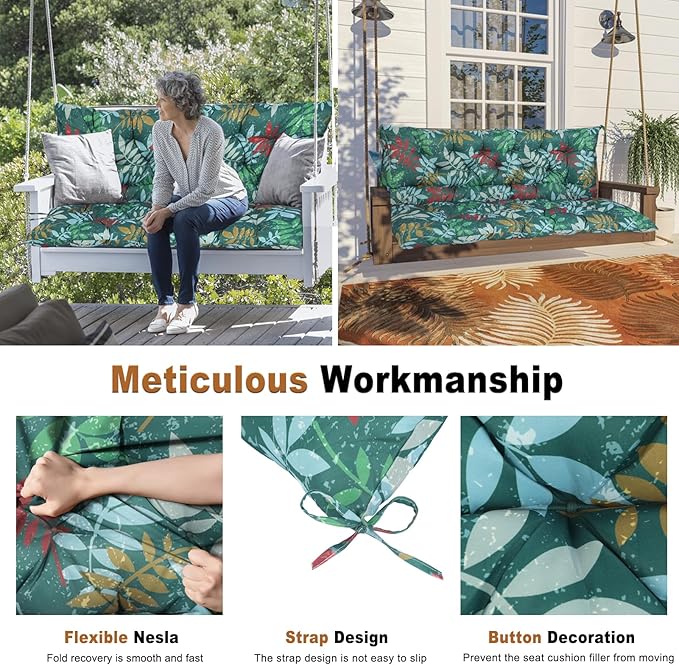 2-3 Seat Swing Replacement Cushion, Outdoor Bench Cushions with Backrest Thicken 4", Patio Furniture Garden Porch Loveseat Glider Pad Anti-Fading Waterproof (Green Flower, 40x40in)