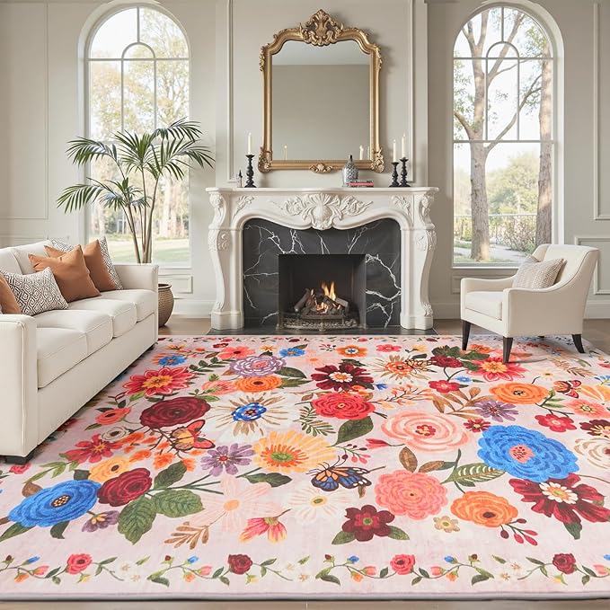 Pink/Beige Area Rugs 9x12 Living Room Washable Rug Non Slip Floral Low Pile Large Rug for Living Room, Bedroom, Farmhouse, Dining Room, Kids Playroom(9 x 12, Beige/Pink Garden)