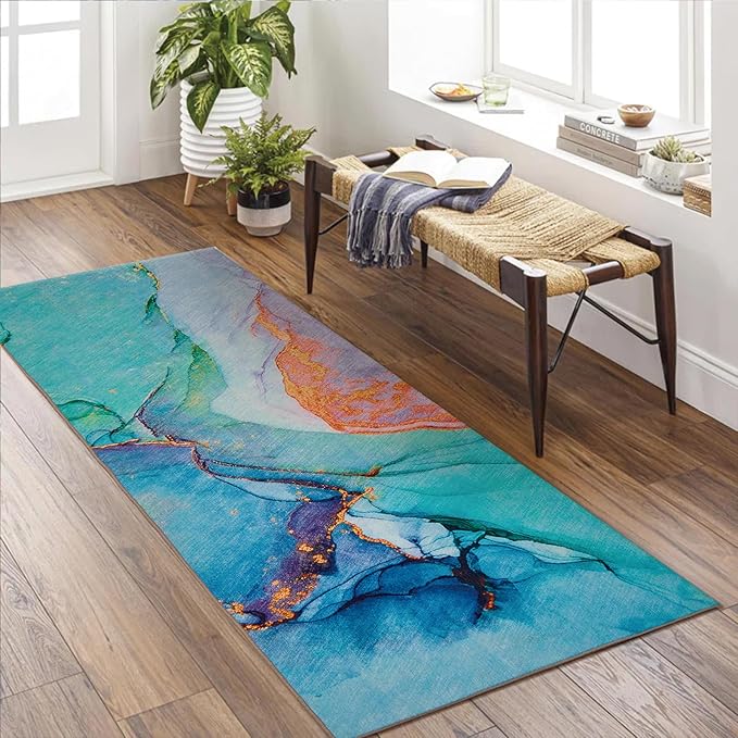 2.3' x 7.5' Washable Indoor Outdoor Teal Runner Rug for Hallway, Kitchen, Stain Resistant, Easy Clean, Modern Runner Rug for Indoor/Outdoor Patio, Deck, Kitchen, Hallway, Bathroom