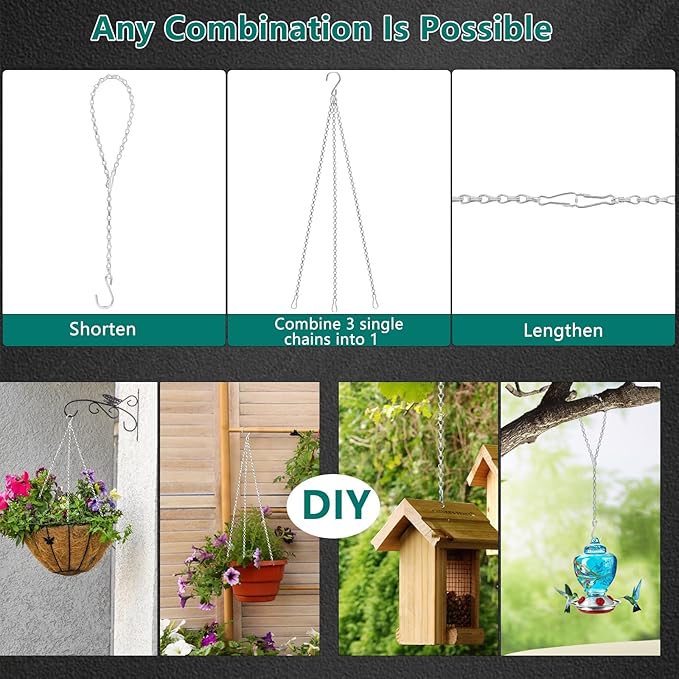 garini 26 Inch Hanging Basket Chain with Hooks, Silver Hanging Chain for Hanging Bird Feeders, Billboards, Chalkboards, Basket, Planters, Lanterns, Wind Chimes and Decorative, 8 Pack
