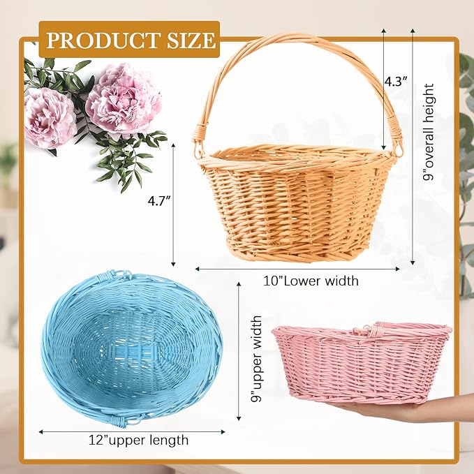 Barydat 6 Pcs Small Wicker Picnic Basket with Handle Flower Girl Baskets Oval Willow Woven Braided Gift Basket for Easter Weddings Baby Shower Home Garden Decor (Multicolor,12'' x 9'' x 5'')