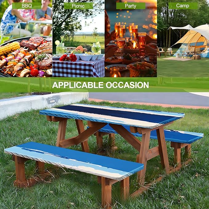 Abstract Picnic Table Cover with Bench Covers Set of 3 - Blue White Gradient Textured Pattern, Elastic Fitted Tablecloth for 6 Ft Tables, Washable Polyester Cover for Patio, Indoor & Outdoor