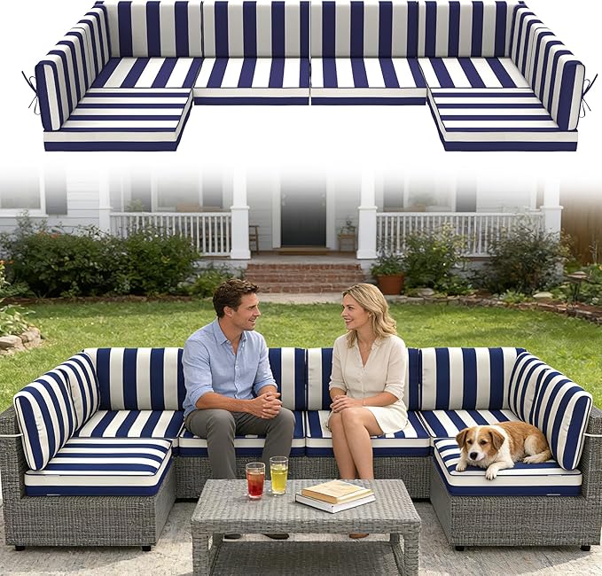 14 Pcs Outdoor Replacement Cushions for Patio Furniture, All Weather Water Resistant Cushion for 6 Seat Rattan Wicker Sectional Patio Conversation Sets and Couch (Blue Stripe)