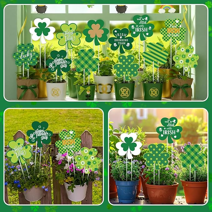 12 Pcs St. Patrick's Day Yard Stakes Green Shamrock Yard Signs St. Patrick's Outdoor Decoration for Irish Festive Outdoor Planter Front Door Lawn Patio Garden