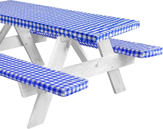 LINPRO 6ft Picnic Table Cover with Bench Covers Vinyl Fitted Picnic Table Covers with Elastic Camping Essentials and Picnic Tablecloth and RV Accessories