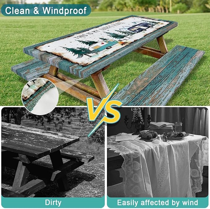 Picnic Table Covers with Bench Covers Camping Tablecloth Fitted Picnic Table Cover with Elastic Windproof Waterproof, Camping Accessories Outdoor, 60In 3PCS