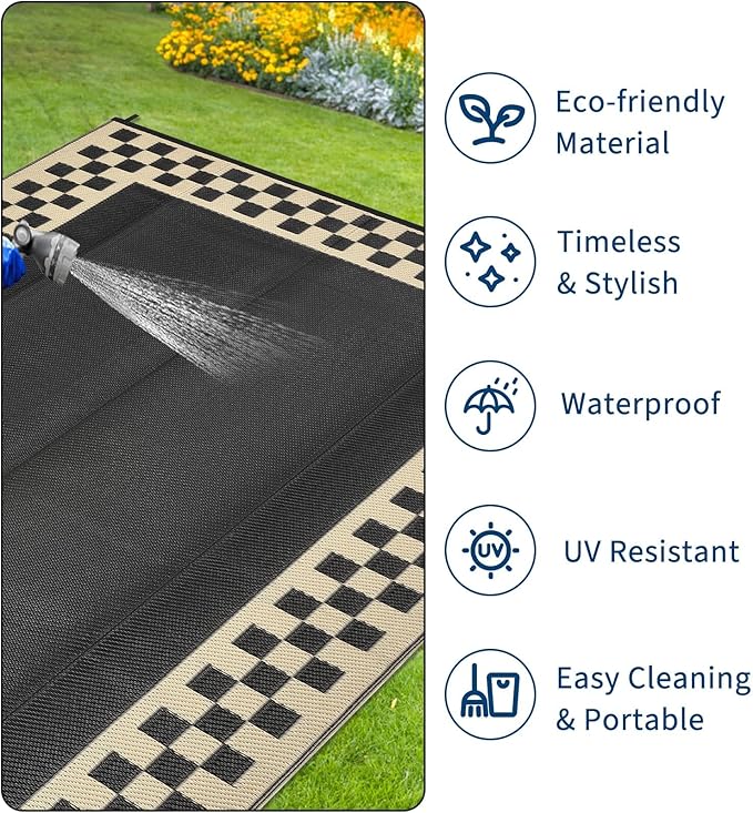 Garvee Outdoor Rug 9x12 Waterproof Reversible Patio Rug Modern Geometric Outdoor Carpet, Fade-Proof & Weather Resistant Minimalist RV Picnic Camping Mat for Garden Backyard Balcony, Black & Beige