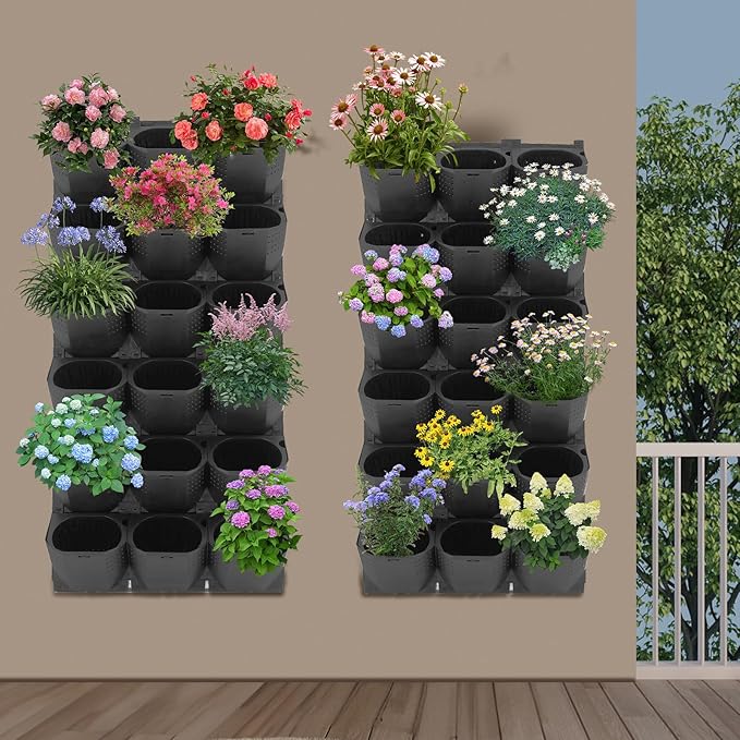 36 Pockets Vertical Wall Planter, Wall Mounted Flower Pot Holder with 180LB Capacity,10.56 oz Self Watering Pots & 36 Non-Woven Bags for Indoor Outdoor Herbs,Flowers,Strawberries (Black)