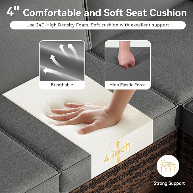 Replacement Cushions for Outdoor Furniture, 7-Piece Outdoor Cushions for Patio Furniture, Deep Seat, Waterproof & Fade Resistant Couch Cushion for 4-Seat Patio Conversation Sets, Grey