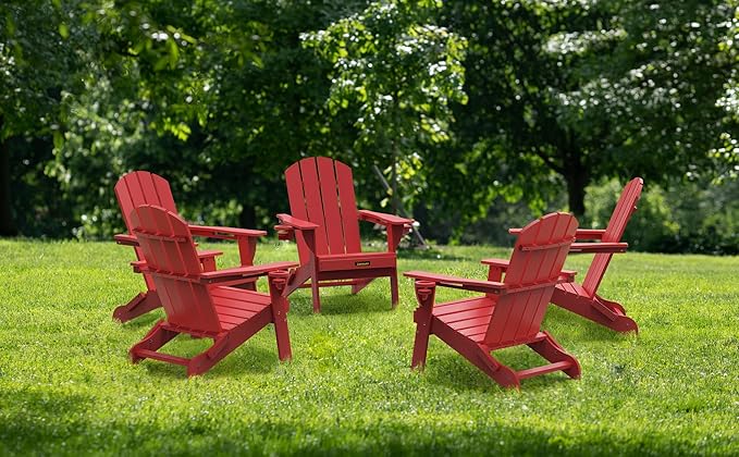 Folding Adirondack Chair, Wooden Textured Plastic Adirondack Chairs with 2 Cup Holder, Weather Resistant HDPE Fire Pit Chair, Outdoor Patio Chairs for Garden, Backyard, Lawn, Deck, 380LBS, Red