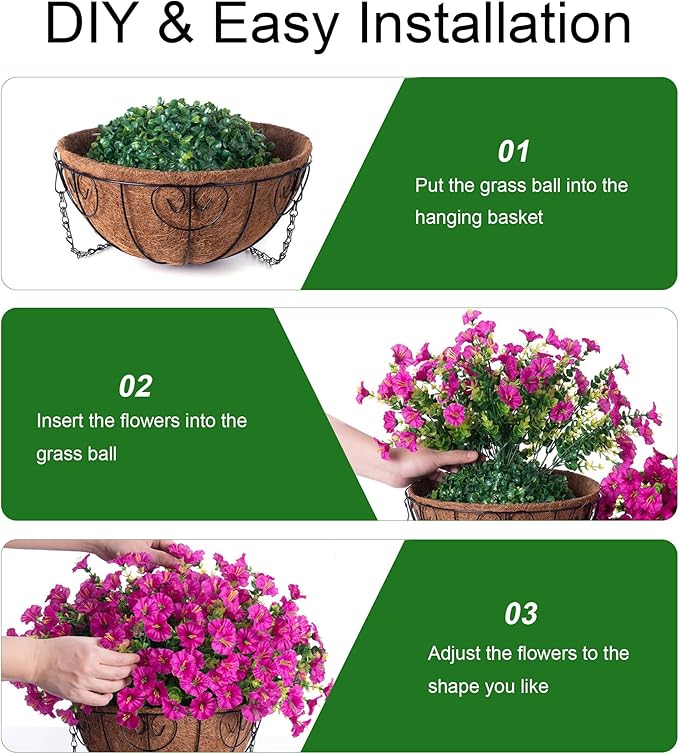 2 Set Artificial Hanging Flowers Baskets Fake Plants for Outdoors Spring Porch Decor, 24 Pcs UV Resistant Faux Silk Morning Glory Eucalyptus with 2 Hanging Planters Realistic for Outside Patio Outdoor