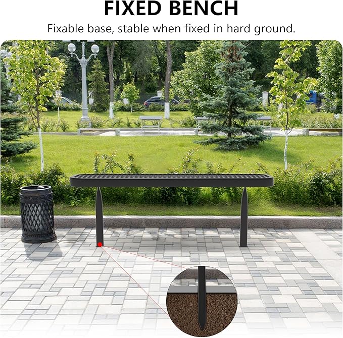 4 FT Heavy Duty Metal Park Bench for Outside, Outdoor Backless Bench with Thermoplastic Coating, Commercial Benches for Shopping Mall, Store, Park, Deck, Inground Mounted, Black