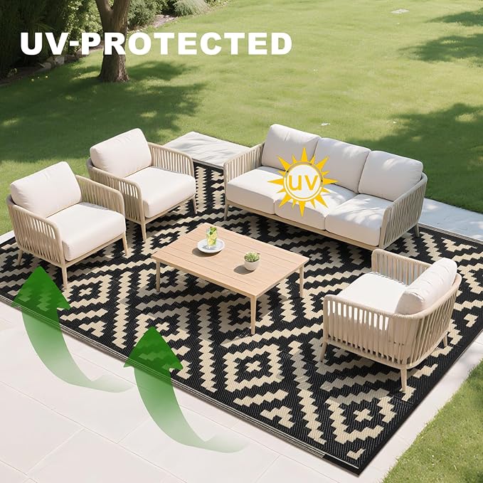 RURALITY Outdoor Rugs 5x8 Feet for Patios Clearance,Plastic Straw Waterproof Mats for Backyard,Porch,Deck,Balcony,Black&Beige