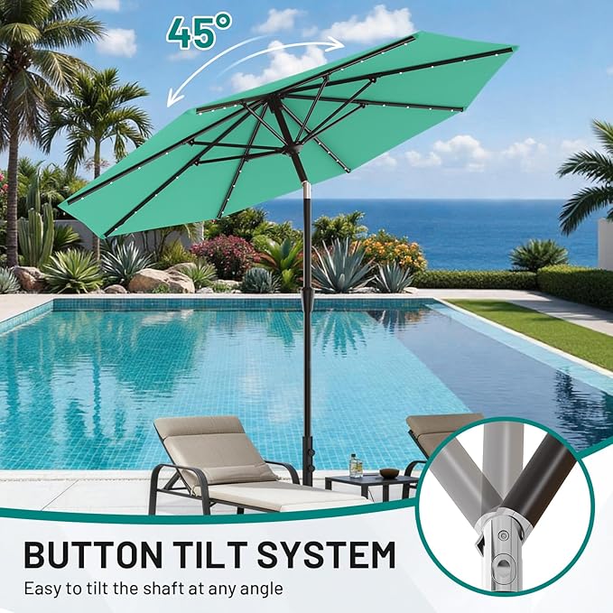 AreShark 9FT Patio Umbrella with Solar Lights, 32 LED Lighted Pool Umbrella w/Tilt and Crank, Outdoor Market Solar Umbrellas for Garden, Deck, Backyard, Pool and Beach, Cerulean