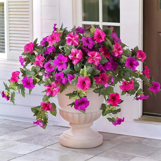 Artificial Fake Flowers for Outdoor Spring Decoration, 2PCS Faux Silk Petunias No Fade UV Resistant Flowers for Outside Garden Porch Yard Balcony Patio Realistic Indoor Decor(Fuchsia)