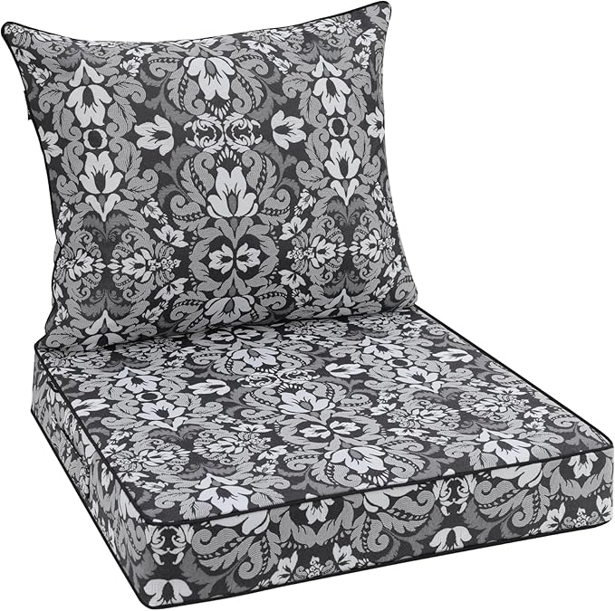 Favoyard Outdoor Seat Cushion 22 x 22 x 3 in Waterproof Pattern Fade Resistant Cover Removable Patio Furniture Cushions Deep Seat & Back Cushion Set with Adjustable Straps for Patio Chair Sofa Couch