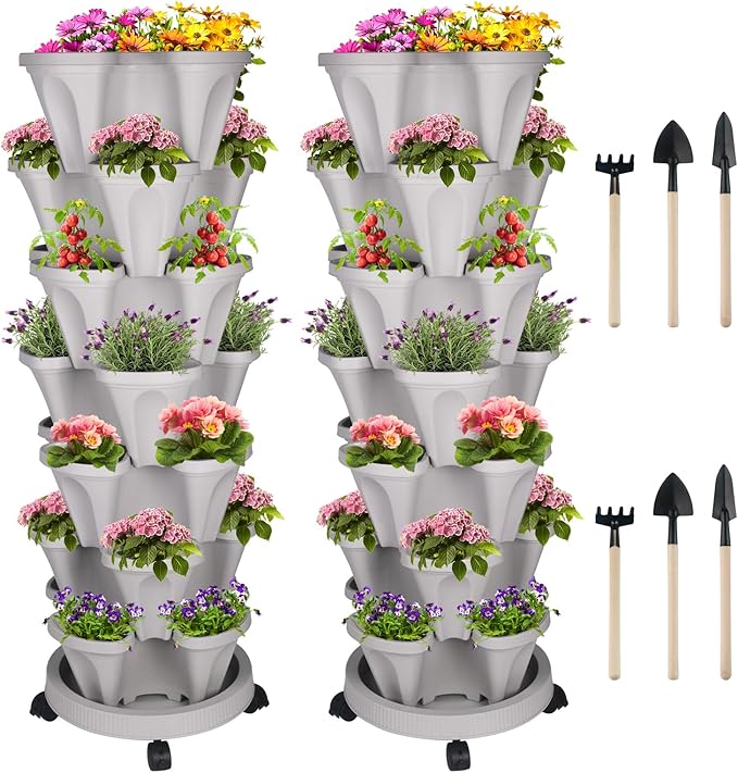 GameXcel Vertical Planter 7 Tier Stackable Planters Garden Planters Strawberry Herb Flower and Vegetable Planter Indoor Outdoor Gardening Pots with Removable Wheels and Tools 2-Pack