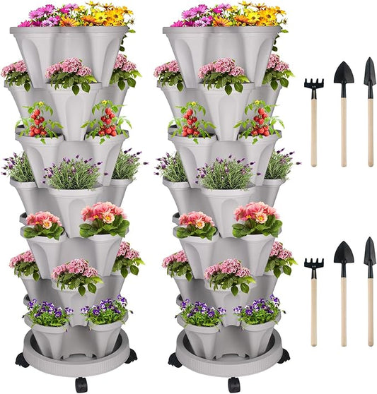 GameXcel Vertical Planter 7 Tier Stackable Planters Garden Planters Strawberry Herb Flower and Vegetable Planter Indoor Outdoor Gardening Pots with Removable Wheels and Tools 2-Pack