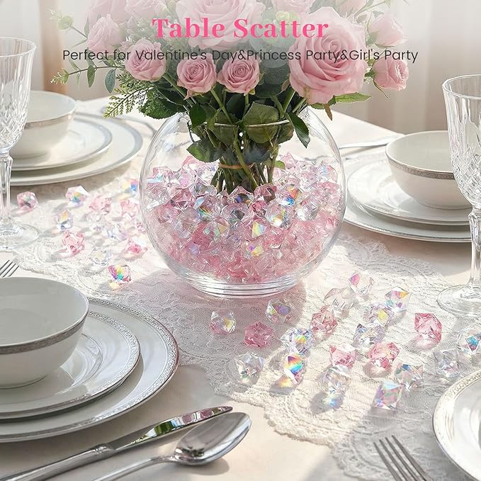 DomeStar 150PCS Dazzling Fake Ice Rocks, Pink Holographic Acrylic Crushed Ice Sparkling Plastic Diamonds Gems for Vases Fillers Aquarium Rocks Party Table Scatter Wedding Decor