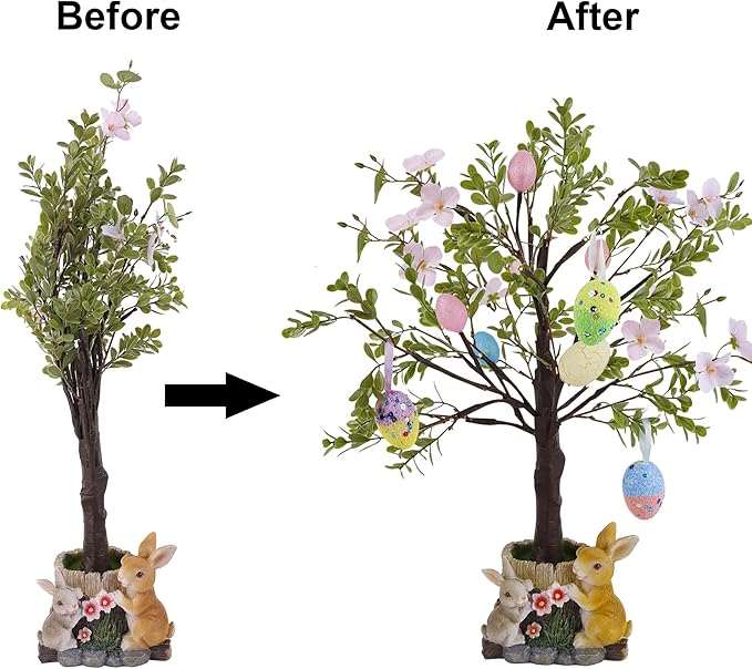 DR.DUDU Lighted Easter Tree 23.5 Inch - Pre-Lit Easter Decorations for Table with Eggs & Bunny Pot, Spring Trees Centerpiece with Lights for Dining Room, Home, Mantel, Office Décor