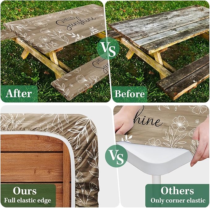 Picnic Table Cover with Bench Covers Elastic Edges, Flower Wood Camper Fitted Table Cover, Outdoor Patio Camping Essentials 72 Inch 3PCS, Waterproof Camping Fitted Tablecloth with Drawstring Bag