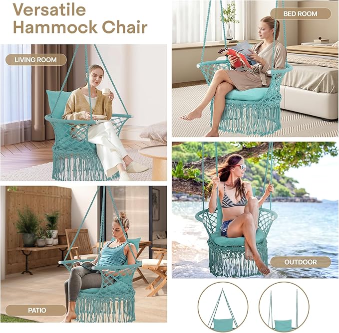 Athena Collection Hammock Swing Chair with Cushion, Outdoor Macrame Chair with Mounting Hardware, Max 350 Lbs, Large Cotton Rope Hanging Chair for Outdoor Indoor Porch Garden, Green