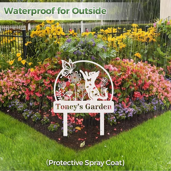 Personalized Metal Garden Sign, Custom Playing Cat Decor with Stake, Butterfly Metal Yard Art, Garden Name Sign,Outdoor Decor,Patio Decoration,Home Present,Gardeners & Planters Gift