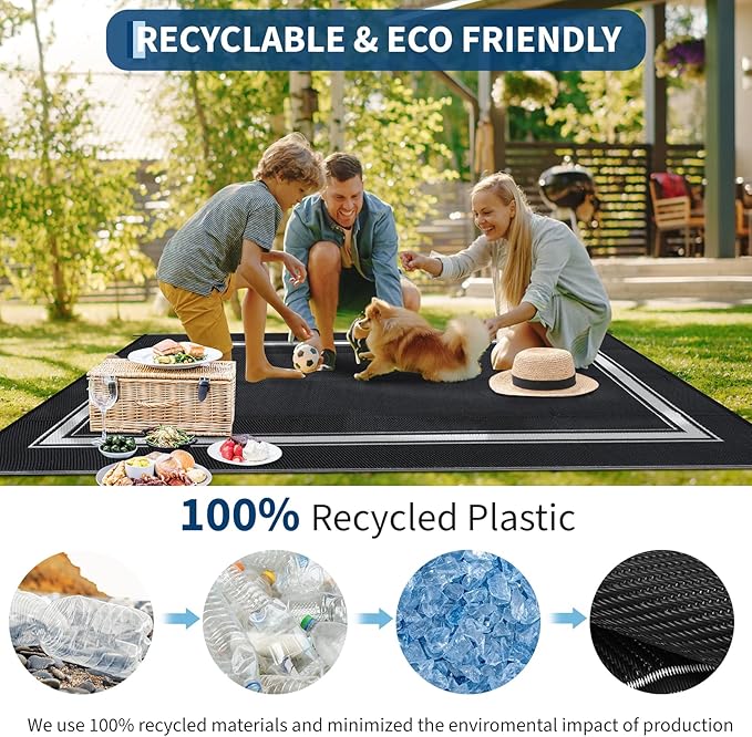 COZYLOOM Large Outdoor Rugs 9x18 Waterproof Plastic Straw Rug for Patio, Reversible Modern Bordered Camping Rug with Portable Bag & Stakes, Foldable & UV Resistant, Outdoor Carpet for Yard Deck, Black