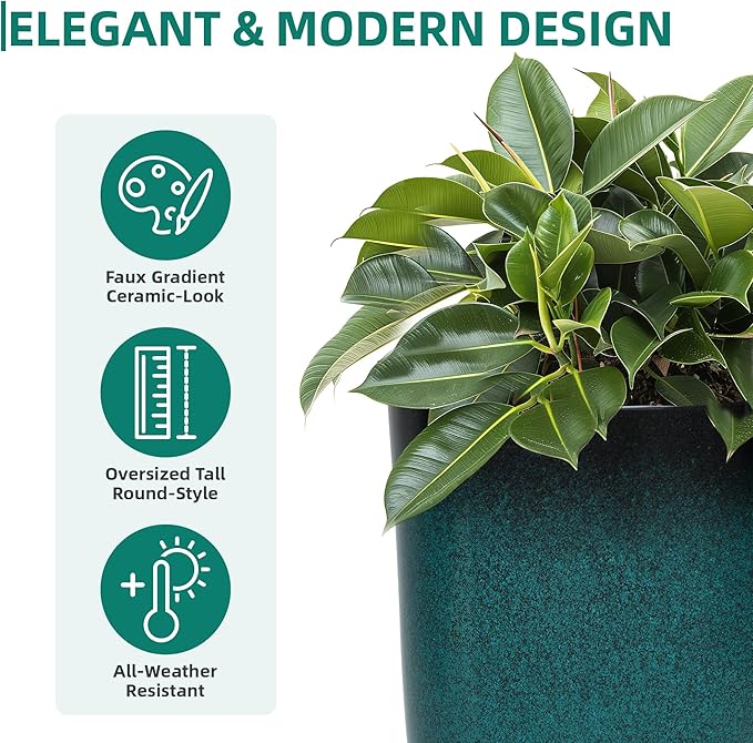 23.8" Tall Outdoor Planters Set of 2, Ceramic-Look Large Flower Pots for Indoor Outdoor Plants, All Seasons for Porch, Balcony, Garden, Patio or Home Art Decor, Gradient Turquoise Finish