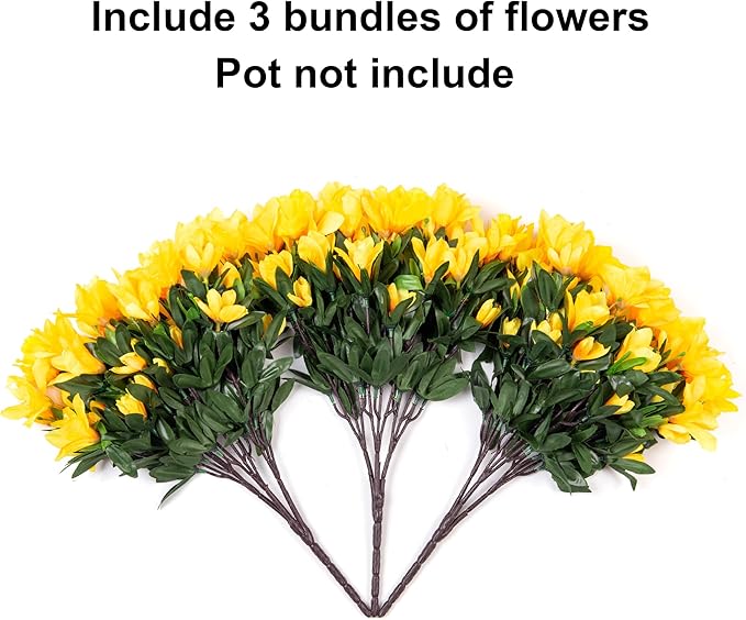 INSPRING Artificial Azalea Flowers Fake Plants for Outdoors Spring Summer Decoration, 3 Bundles UV Resistant Faux Silk Outside Flowers Look Real for Outdoor Planter Front Door Patio Garden, Yellow