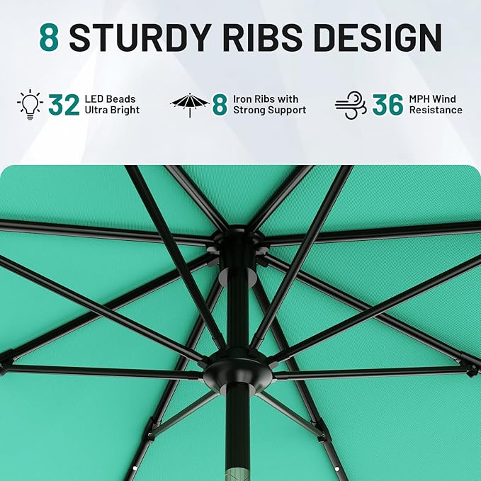 AreShark 9FT Patio Umbrella with Solar Lights, 32 LED Lighted Pool Umbrella w/Tilt and Crank, Outdoor Market Solar Umbrellas for Garden, Deck, Backyard, Pool and Beach, Cerulean