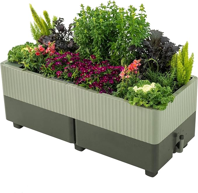 Vego garden EZCube Self Watering Planter Box Outdoor, Raised Garden Bed with Water Gauge for Balcony, Rooftop, Patio, Backyard 21" x 48" Sage Green