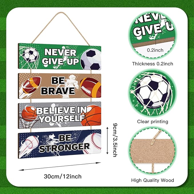 HLNIUC Sport Themed Wall Decor,Football Wood Sign(3.5"x12"),Inspirational Never Give Up Wooden Sign,Basketball Wood Hanging Wall Art For Boys Kids Room Playroom Nursery Decor(Retro Style)