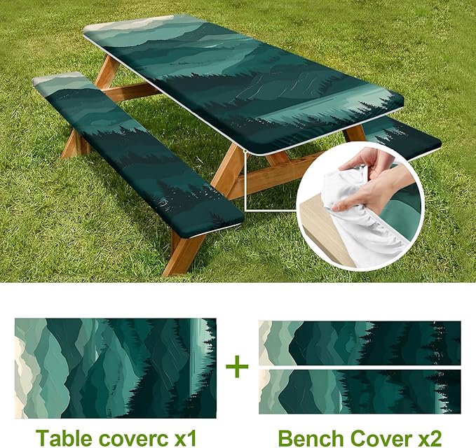 Picnic Table Cover with Bench Covers Set of 3 - Layered Landscape Mountain Forest Tablecloth, Elastic Fitted for 6 Ft Tables, Washable Polyester Cover for Camping, Indoor & Outdoor