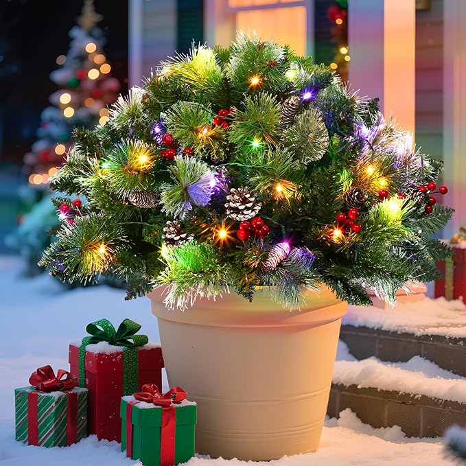2 Pack 24" Lighted Christmas Tree Outdoor Urn Filler with Timer 8 Modes Warm White & Multi-Color Change Lights Snowy Pinecone Berries Tripod Stake Xmas Trees Planter Filler Christmas Decor Yard Porch