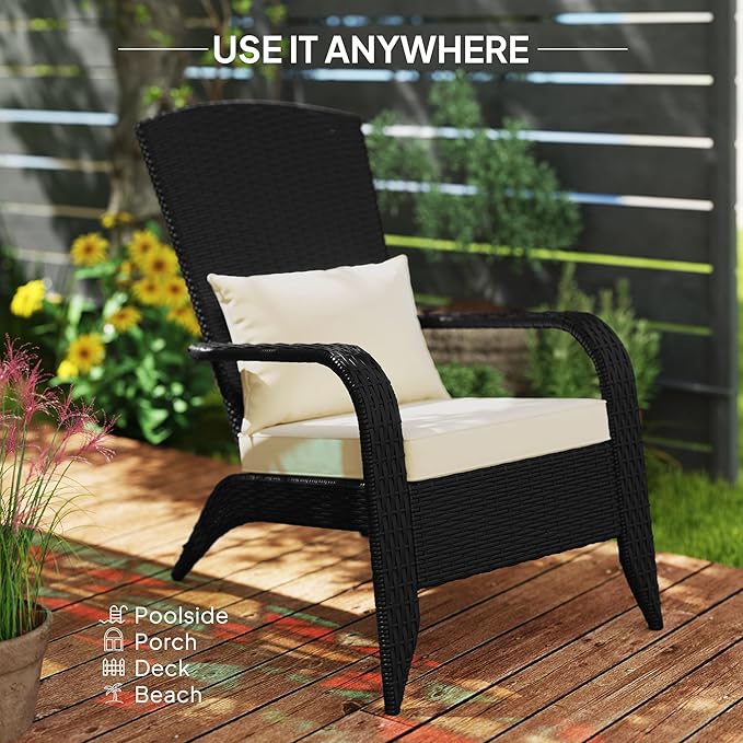 Outsunny Patio Wicker Adirondack Chair, Outdoor All-Weather Rattan Fire Pit Chair with Soft Cushions, Tall Curved Backrest and Comfortable Armrests for Deck or Garden, Deep Brown/Cream White