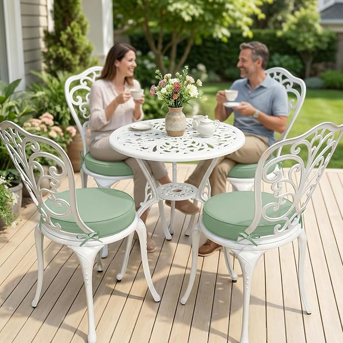 Outdoor Bistro Chair Cushions Set of 4, 15" D x 3" H Round Chair Cushions Waterproof and Fade Resistant Chair Cushion Pads with Non-Slip Ties and Removable Covers for Garden, Sage Green