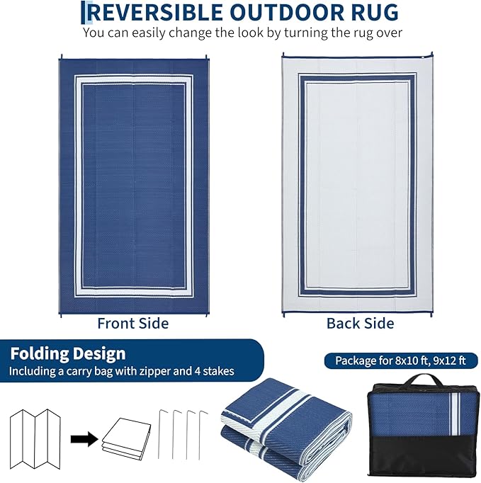 COZYLOOM Outdoor Rugs 9x12 UV Resistant Waterproof Patio Rug, Outdoor Plastic Straw Rug Reversible RV Camping Mat with Portable Bag & 4 Stakes, Modern Bordered Carpet for Balcony Deck Yard, Navy&White