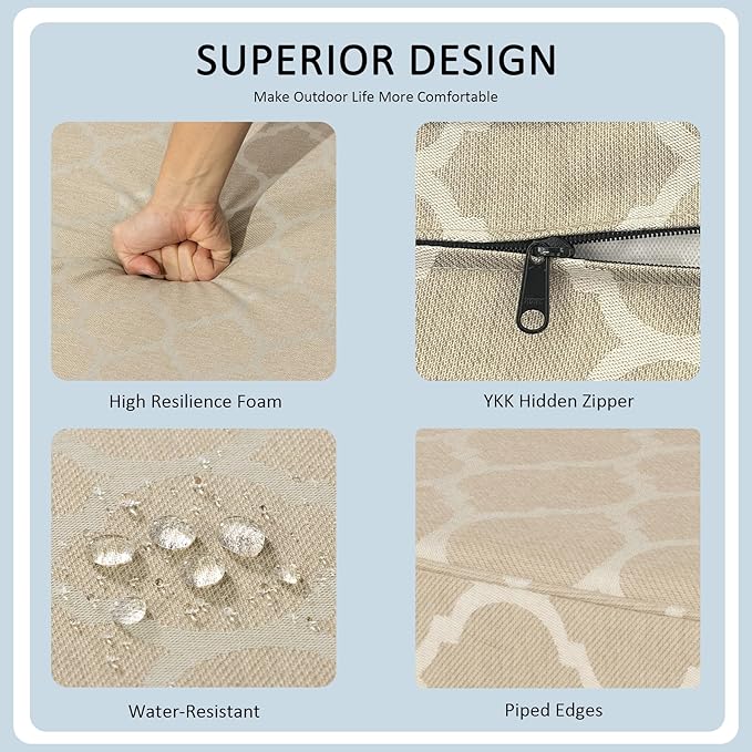 24x24 Inch Outdoor Deep Seat Cushions Set of 2,Thick High-Density Foam, Removable Cover with YKK Hidden Zipper,Water-Resistant UV-Resistant Polyester for Patio Furniture,Toffee Trellis