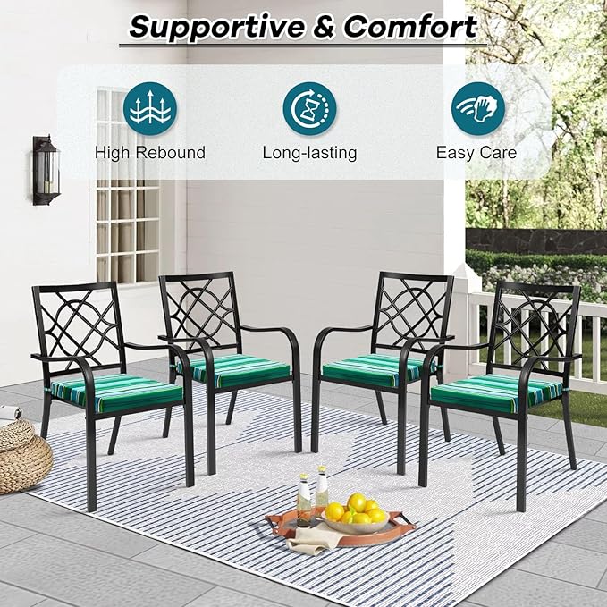 Basic Beyond Outdoor Chair Cushions Set of 4, Square Corner Outdoor Cushions for Patio Furniture, Water Resistant Patio Chair Cushions with 2 Ties, 18.5x16x3, Pinstriped Green