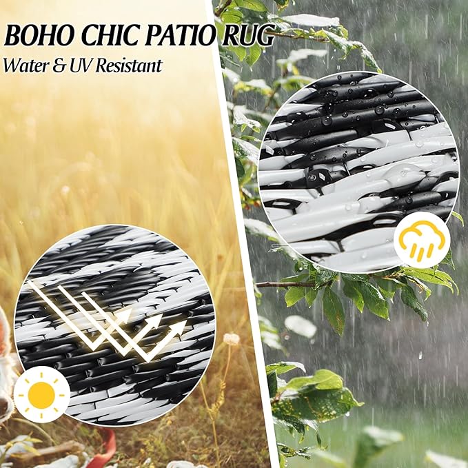 Cekene Round Outdoor Rugs for Patio 10Ft Waterproof Reversible Outdoor Patio Rugs Black Lightweight Plastic Straw Rugs Portable RV Camping Mat Floor Carpet for Deck Porch Picnic BBQ