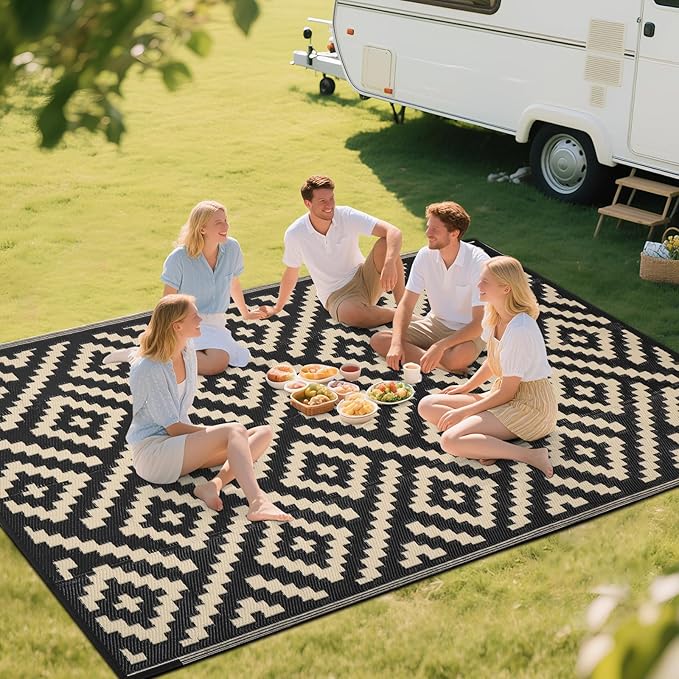 RURALITY Outdoor Rugs 8x10 Feet for Patios Clearance,Plastic Straw Waterproof Mats for Backyard,Porch,Deck,Balcony,Black&Beige
