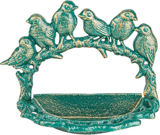 Sungmor Cast Iron Wall Mounted Bird Feeder, Cute Bird Decor Small Water Bath, Wall Hanging Fence Mount Bird Bath Feeder, Beautiful Green Birdfeeder for Garden Backyard Patio Wall Decoration