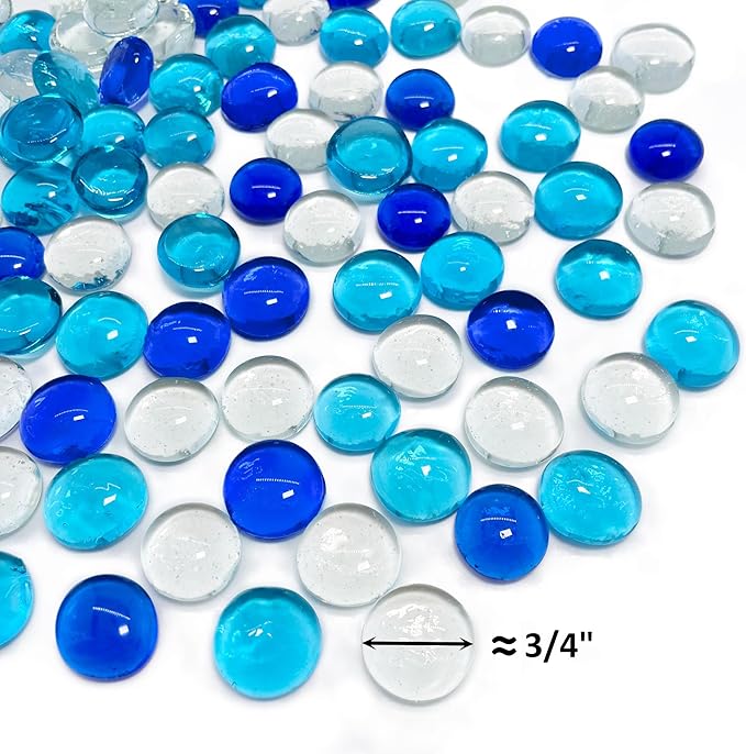 CYS EXCEL Blue Mix Glass Gemstone Beads Vase Fillers (2 LBS) Flat Marble Beads Multiple Color Choices Aquarium Decor Rocks Floral Stones Decorative Mosaic Gem Pebbles