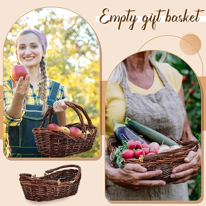 Sintuff 6 Pcs Wicker Picnic Basket with Handle Garden Harvest Empty Easter Eggs and Candy Basket Oval Willow Woven Storage for Organizing, Fruit Egg Storage Gathering Wedding Gifts(Dark Brown)