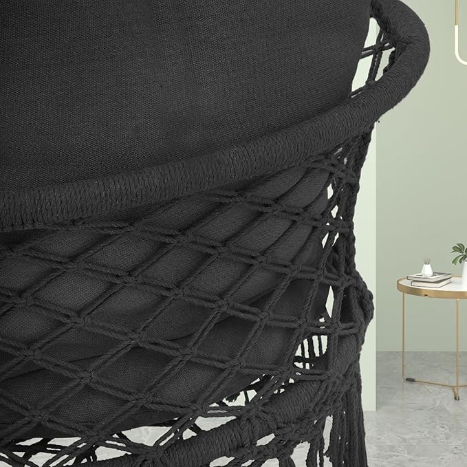 Athena Collection Hammock Swing Chair with Cushion, Outdoor Macrame Chair with Mounting Hardware, Max 350 Lbs, Large Cotton Rope Hanging Chair for Outdoor Indoor Porch Garden, Black