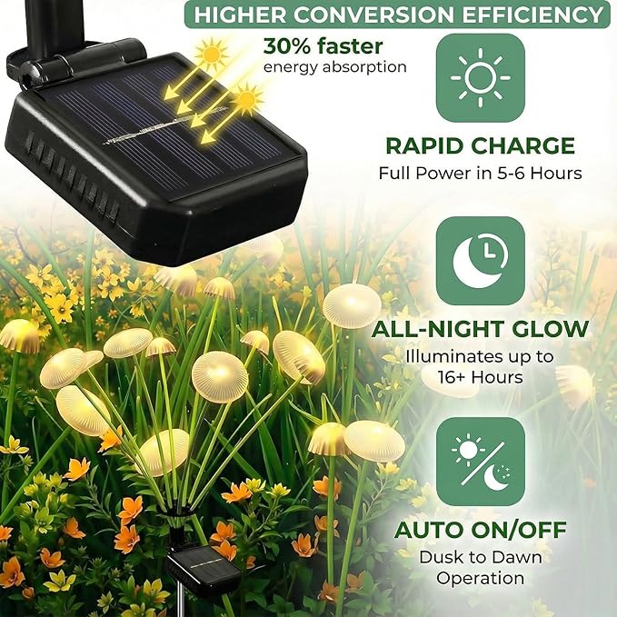 6 Pack Solar Garden Lights, 48 LEDs Swaying Mushroom Lights with 8 Lighting Modes, IP65 Waterproof Outdoor Decor for Garden, Yard, Patio, Pathway (Warm White)